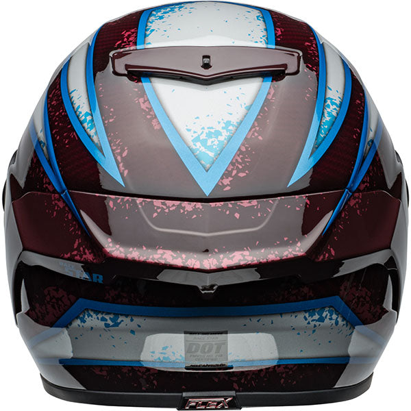 motorcycle helmet, rear view, showing aerodynamic shell design, ventilation ports, and secure retention system built for rider comfort and protection