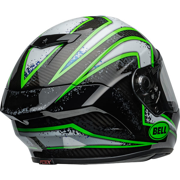 motorcycle helmet, rear view, showing aerodynamic shell design, ventilation ports, and secure retention system built for rider comfort and protection