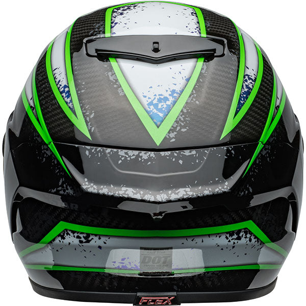 motorcycle helmet, rear view, showing aerodynamic shell design, ventilation ports, and secure retention system built for rider comfort and protection