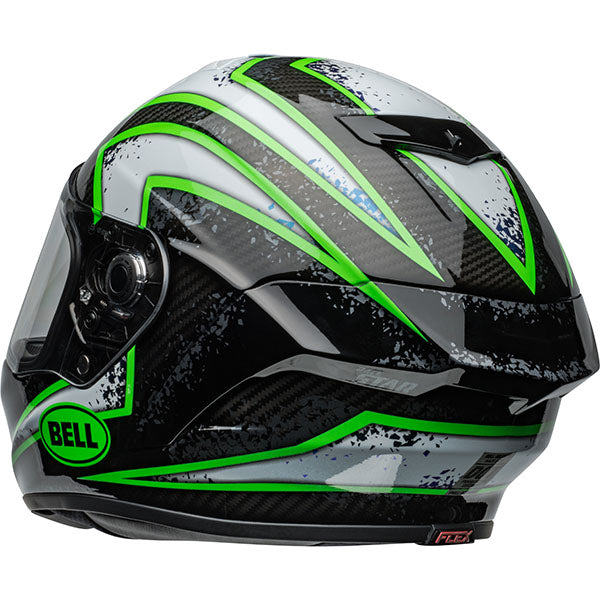 motorcycle helmet, rear view, showing aerodynamic shell design, ventilation ports, and secure retention system built for rider comfort and protection