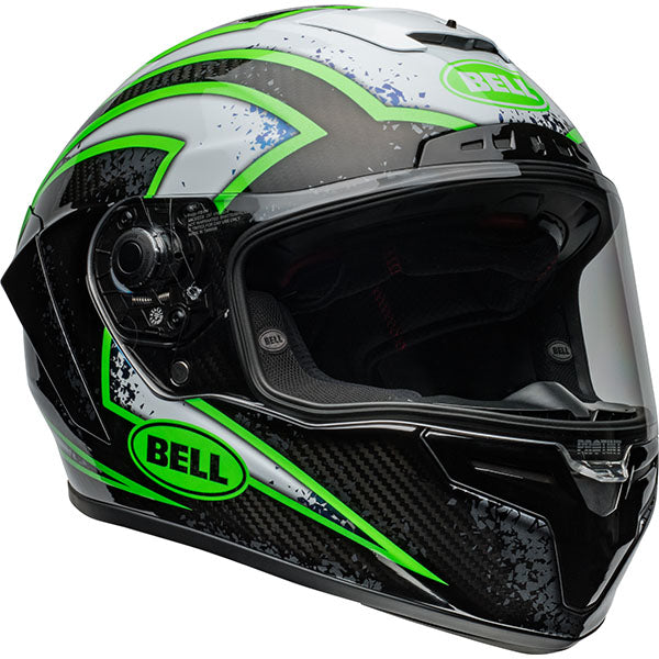 motorcycle helmet, front view, showing aerodynamic shell design, ventilation ports, and secure retention system built for rider comfort and protection