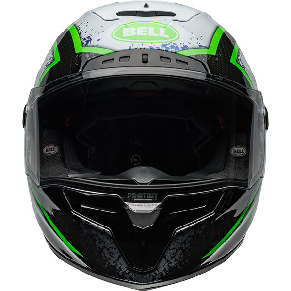 motorcycle helmet, front view, showing aerodynamic shell design, ventilation ports, and secure retention system built for rider comfort and protection