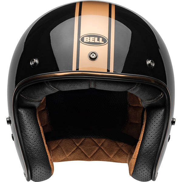 motorcycle helmet, front view, showing aerodynamic shell design, ventilation ports, and secure retention system built for rider comfort and protection