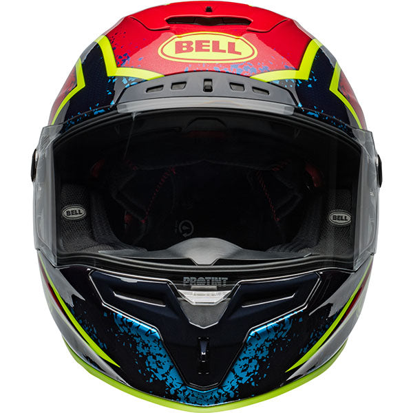 motorcycle helmet, front view, showing aerodynamic shell design, ventilation ports, and secure retention system built for rider comfort and protection. SKU 07159980.