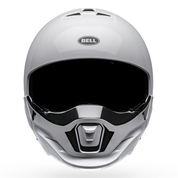 motorcycle helmet, front view, showing aerodynamic shell design, ventilation ports, and secure retention system built for rider comfort and protection