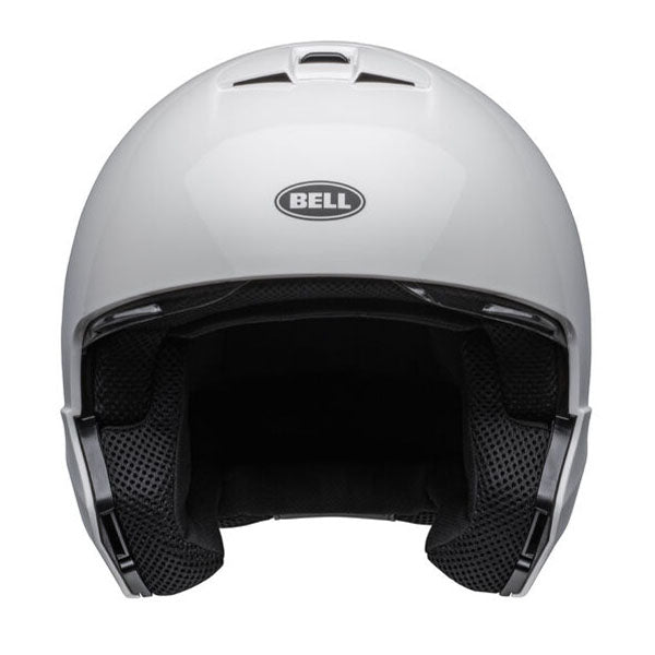 motorcycle helmet, front view, showing aerodynamic shell design, ventilation ports, and secure retention system built for rider comfort and protection