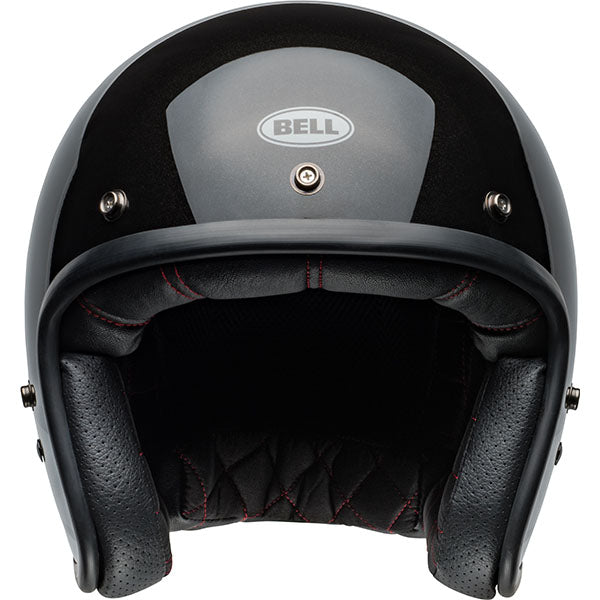 motorcycle helmet, front view, showing aerodynamic shell design, ventilation ports, and secure retention system built for rider comfort and protection