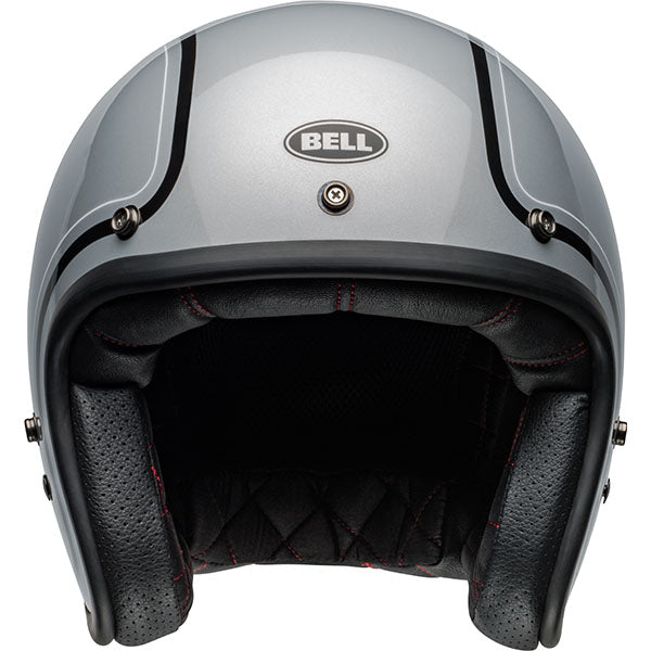 motorcycle helmet, front view, showing aerodynamic shell design, ventilation ports, and secure retention system built for rider comfort and protection