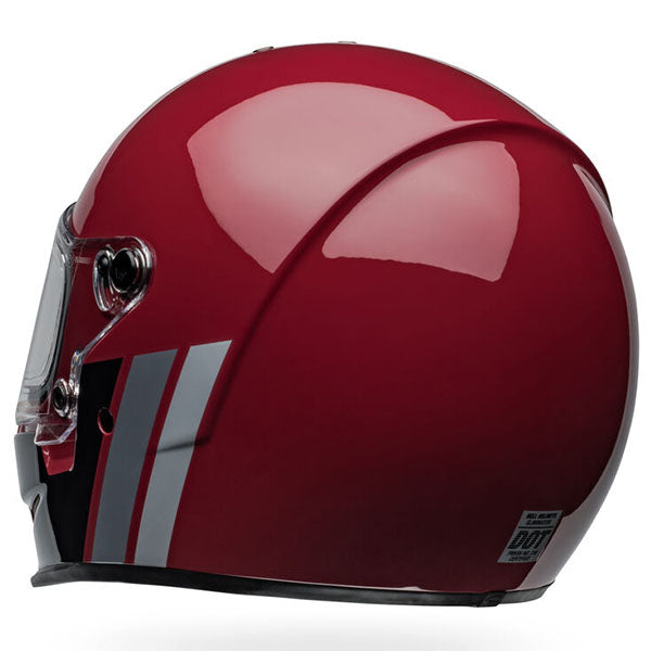 motorcycle helmet, rear view, showing aerodynamic shell design, ventilation ports, and secure retention system built for rider comfort and protection