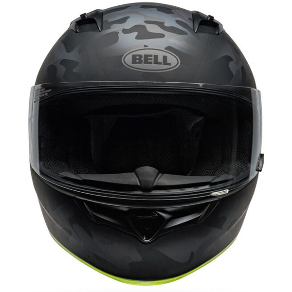 motorcycle helmet, front view, showing aerodynamic shell design, ventilation ports, and secure retention system built for rider comfort and protection. SKU 07158704.