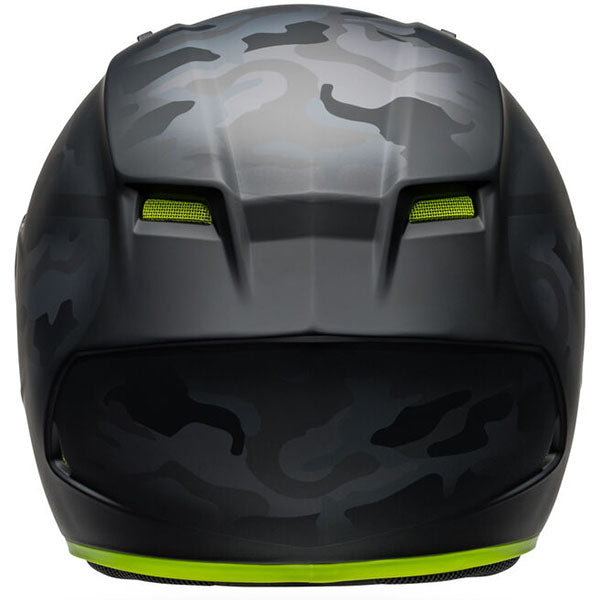 motorcycle helmet, rear view, showing aerodynamic shell design, ventilation ports, and secure retention system built for rider comfort and protection