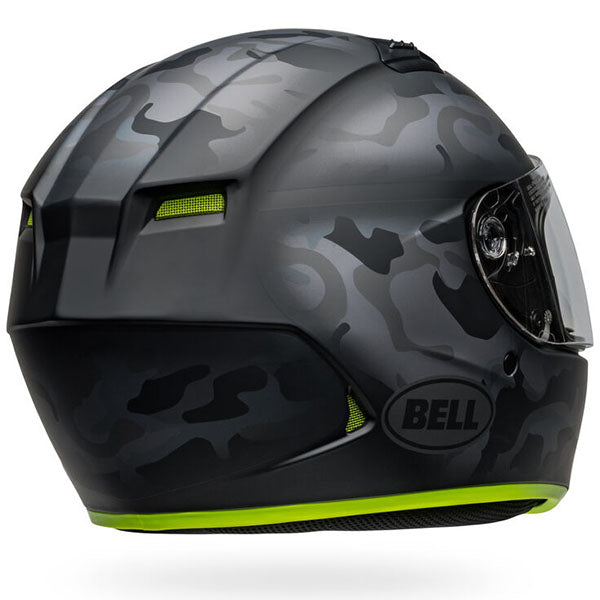 motorcycle helmet, rear view, showing aerodynamic shell design, ventilation ports, and secure retention system built for rider comfort and protection