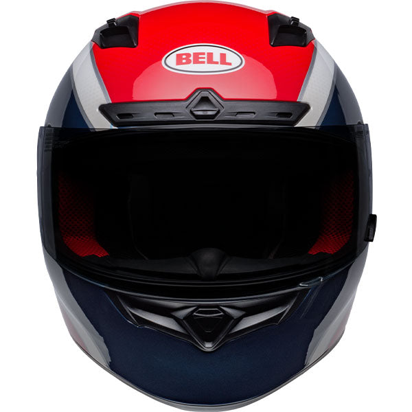 motorcycle helmet, front view, showing aerodynamic shell design, ventilation ports, and secure retention system built for rider comfort and protection