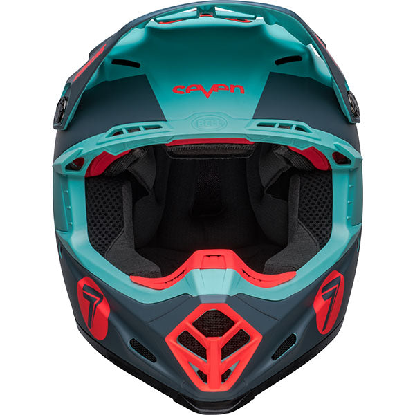 motorcycle helmet, front view, showing aerodynamic shell design, ventilation ports, and secure retention system built for rider comfort and protection