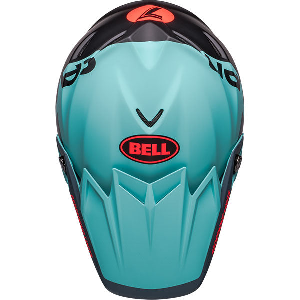 motorcycle helmet, top view, showing aerodynamic shell design, ventilation ports, and secure retention system built for rider comfort and protection