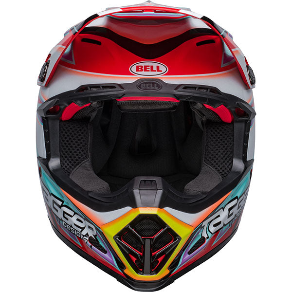 motorcycle helmet, front view, showing aerodynamic shell design, ventilation ports, and secure retention system built for rider comfort and protection