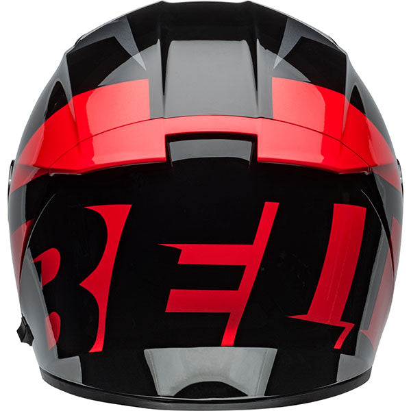 motorcycle helmet, rear view, showing aerodynamic shell design, ventilation ports, and secure retention system built for rider comfort and protection
