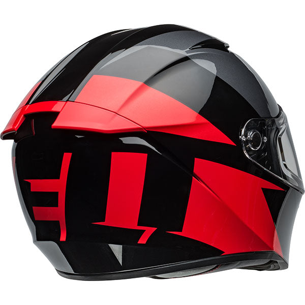 motorcycle helmet, rear view, showing aerodynamic shell design, ventilation ports, and secure retention system built for rider comfort and protection
