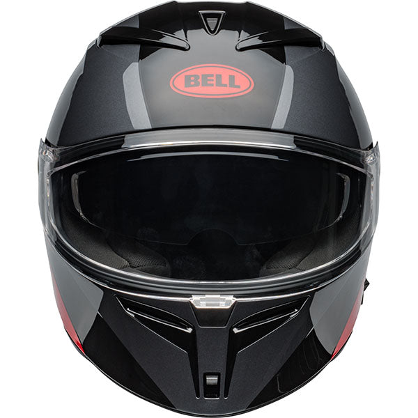 motorcycle helmet, front view, showing aerodynamic shell design, ventilation ports, and secure retention system built for rider comfort and protection
