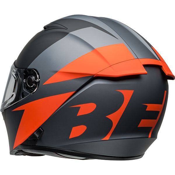 motorcycle helmet, rear view, showing aerodynamic shell design, ventilation ports, and secure retention system built for rider comfort and protection