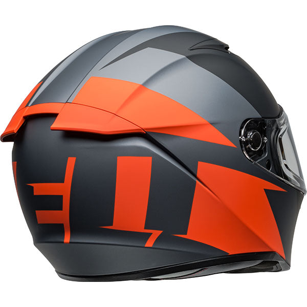 motorcycle helmet, rear view, showing aerodynamic shell design, ventilation ports, and secure retention system built for rider comfort and protection