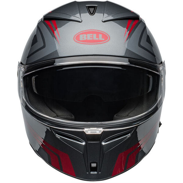 motorcycle helmet, front view, showing aerodynamic shell design, ventilation ports, and secure retention system built for rider comfort and protection. SKU 07160916.