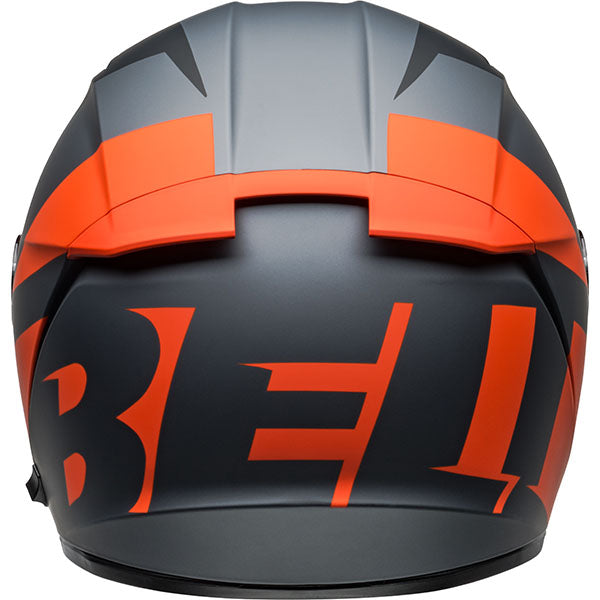 motorcycle helmet, rear view, showing aerodynamic shell design, ventilation ports, and secure retention system built for rider comfort and protection