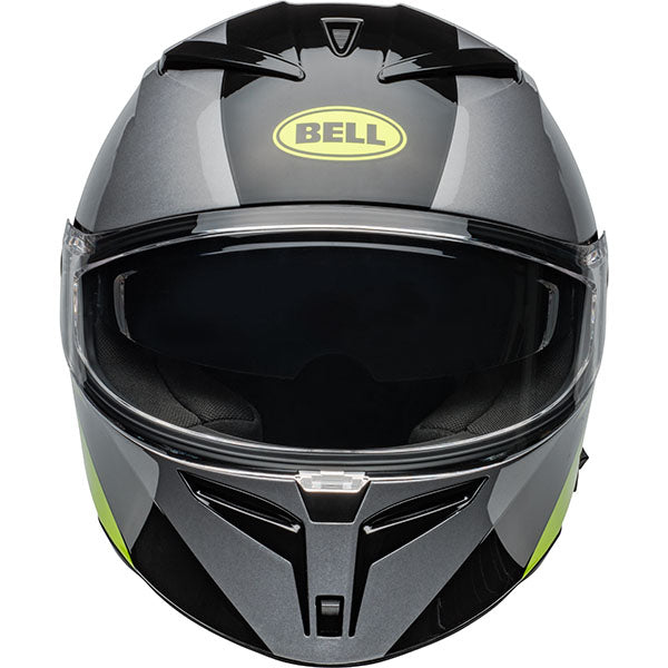 motorcycle helmet, front view, showing aerodynamic shell design, ventilation ports, and secure retention system built for rider comfort and protection. SKU 07161001.