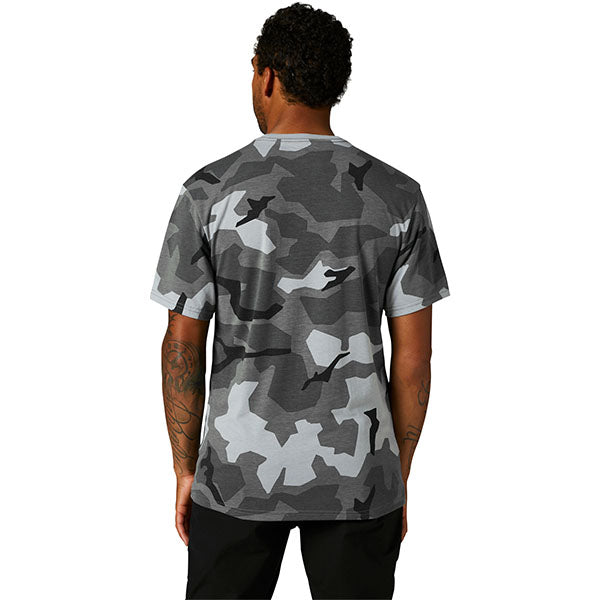 Professional studio photo of Fox Racing BNKR Tech Tee; showing tee fit, printed graphics, and crew neckline; SKU 29047-031-S; Sizes: S-2XL