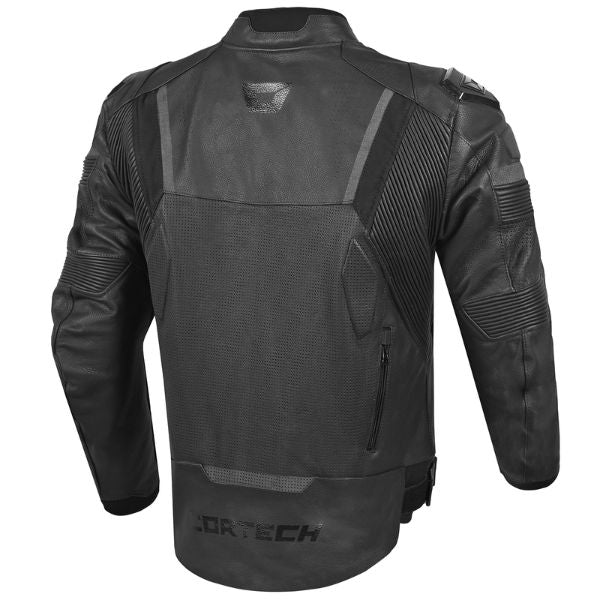 Professional studio photo of Cortech, Revo Leather Jacket, side view, showing jacket fit, outer material, and construction details, Colors: Black, Black/White, SKU 8377000504