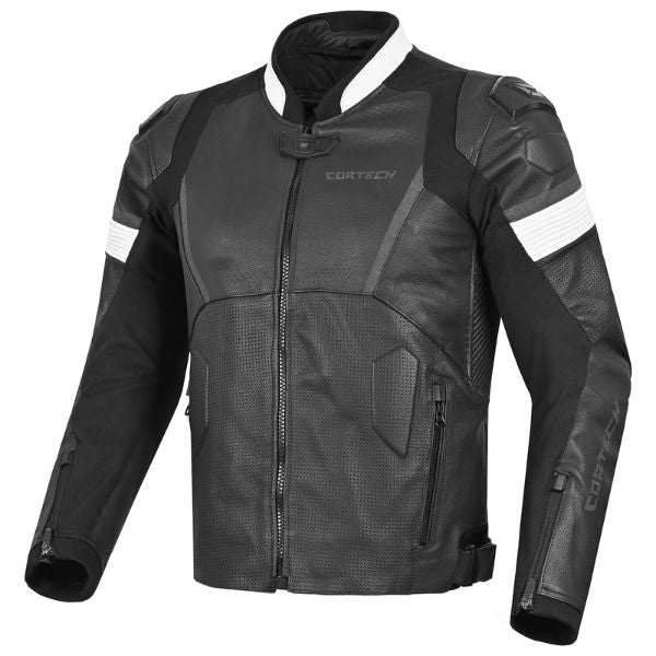 Clean studio shot of Cortech, Revo Leather Jacket, front view, highlighting seams, closures, and fabric texture, Colors: Black, Black/White, SKU 8377000504