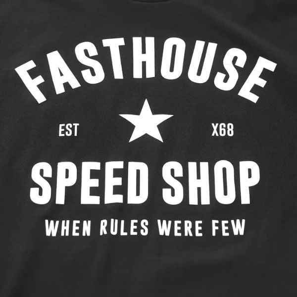 Crisp studio image on a white background of Fasthouse Paragon Tee; showing tee fit, printed graphics, and crew neckline; SKU 3210001504; Sizes: S-3XL