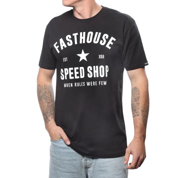 High-resolution studio image of Fasthouse Paragon Tee; showing tee fit, printed graphics, and crew neckline; SKU 3210001504; Colors: Black, Cardinal