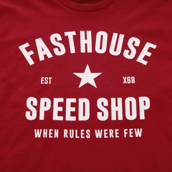 Professional studio photo of Fasthouse Paragon Tee; showing tee fit, printed graphics, and crew neckline; SKU 3210001504; Colors: Black, Cardinal