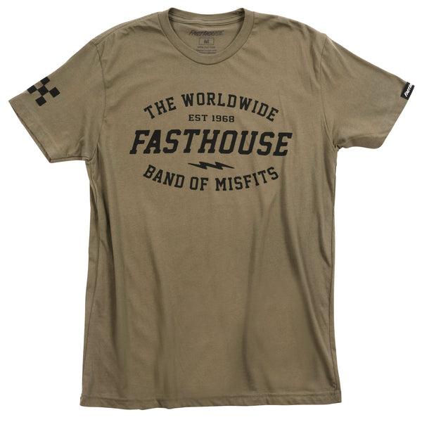 High-resolution studio image of Fasthouse Coalition Tee; showing tee fit, printed graphics, and crew neckline; SKU 3214980004; Sizes: S-3XL