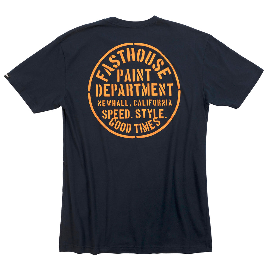 Clean studio shot of Fasthouse Paint Dept. Tee; showing tee fit, printed graphics, and crew neckline; SKU 3211883004; Colors: Navy, White; Sizes: S-3XL