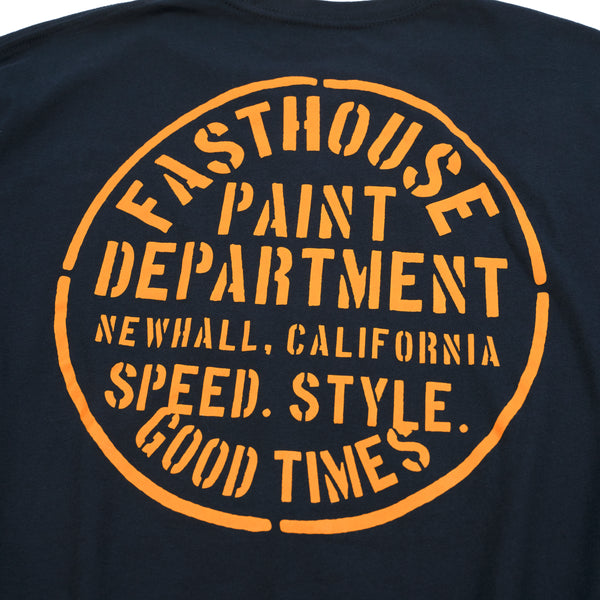 Studio photo on a white background of Fasthouse Paint Dept. Tee; showing tee fit, printed graphics, and crew neckline; SKU 3211883004; Sizes: S-3XL