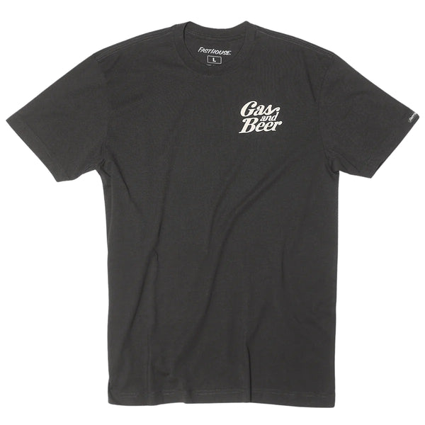 High-resolution studio image of Fasthouse Tavern SS Tee; showing tee fit, printed graphics, and crew neckline; SKU 100026-00-; Colors: Black