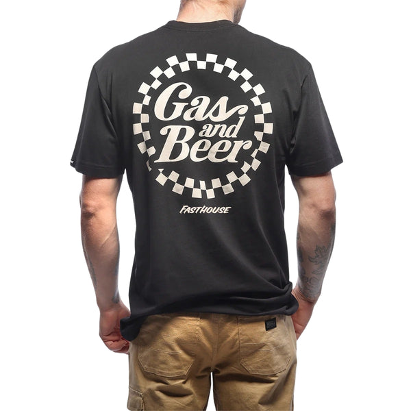 Studio photo on a white background of Fasthouse Tavern SS Tee; showing tee fit, printed graphics, and crew neckline; SKU 100026-00-; Colors: Black