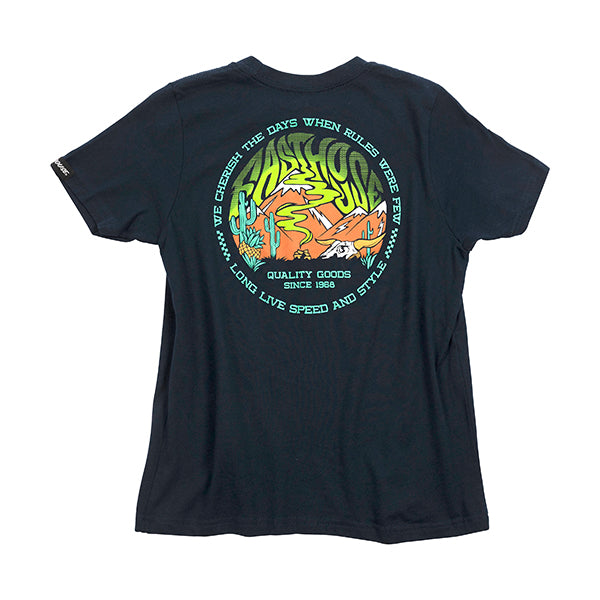 High-resolution studio image of Fasthouse Nomad Tee (Youth); showing tee fit, printed graphics, and crew neckline; SKU 3216450054