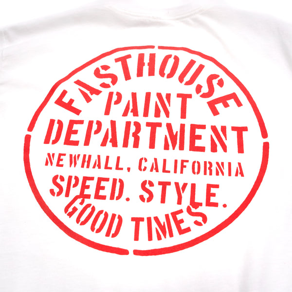 Crisp studio image on a white background of Fasthouse Paint Dept. Tee; showing tee fit, printed graphics, and crew neckline; SKU 3211883004; Sizes: S-3XL