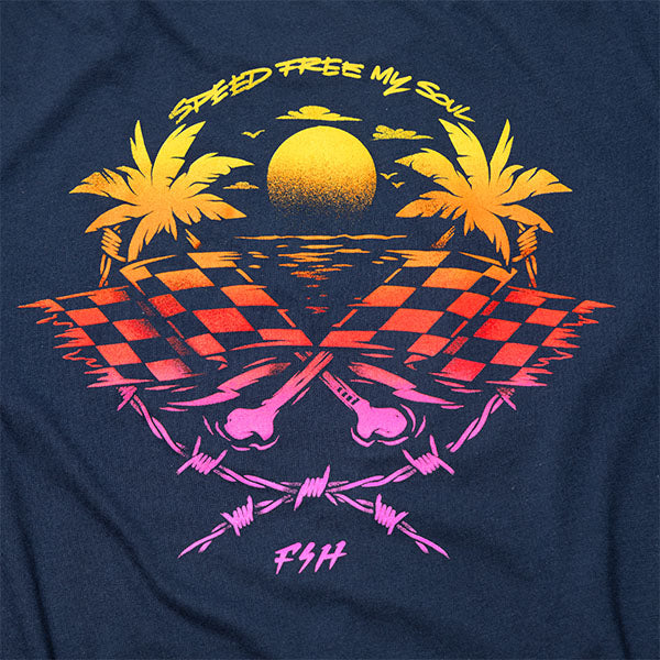 Clean studio shot of Fasthouse Sun Struck Tee (Womens); showing tee fit, printed graphics, and crew neckline; SKU 3211440574; Colors: Black, Vintage Navy