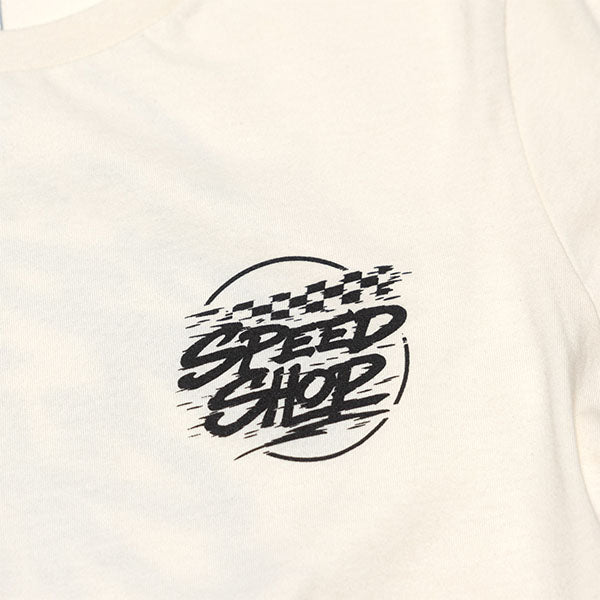 Clean studio shot of Fasthouse Burner Tee (Womens); showing tee fit, printed graphics, and crew neckline; SKU 32113509; Colors: Natural; Sizes: S-2XL