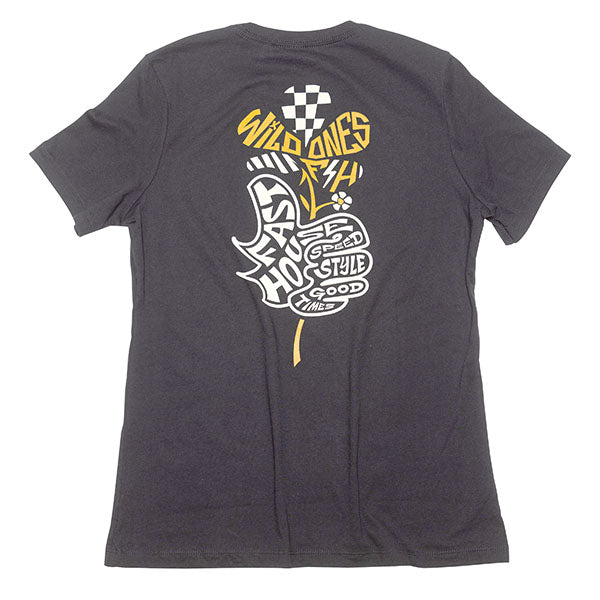 High-resolution studio image of Fasthouse Garden Party Tee (Womens); showing tee fit, printed graphics, and crew neckline; SKU 3211430574; Sizes: S-2XL