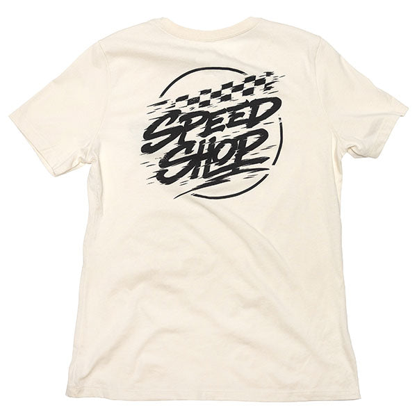 Studio photo on a white background of Fasthouse Burner Tee (Womens); showing tee fit, printed graphics, and crew neckline; SKU 32113509; Colors: Natural