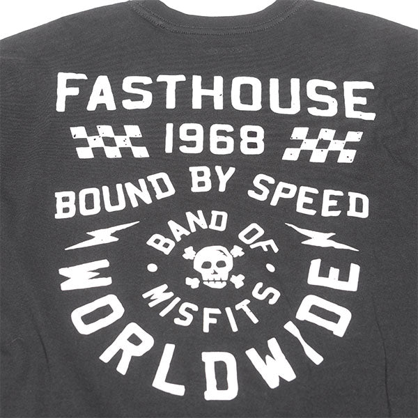 Crisp studio image on a white background of Fasthouse Seaver Tee; showing tee fit, printed graphics, and crew neckline; SKU 3211370404; Sizes: S-3XL