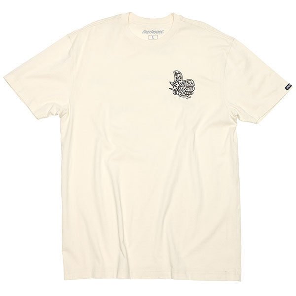 Studio photo on a white background of Fasthouse Satisfaction Tee; showing tee fit, printed graphics, and crew neckline; SKU 3211310104; Sizes: S-3XL