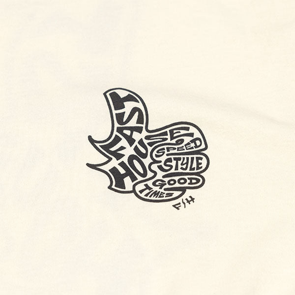 Crisp studio image on a white background of Fasthouse Satisfaction Tee; showing tee fit, printed graphics, and crew neckline; SKU 3211310104