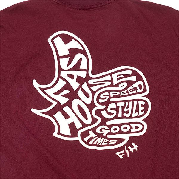 Crisp studio image on a white background of Fasthouse Satisfaction Tee; showing tee fit, printed graphics, and crew neckline; SKU 3211310104