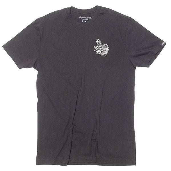 Clean studio shot of Fasthouse Satisfaction Tee; showing tee fit, printed graphics, and crew neckline; SKU 3211310104; Colors: Maroon, Black, Natural